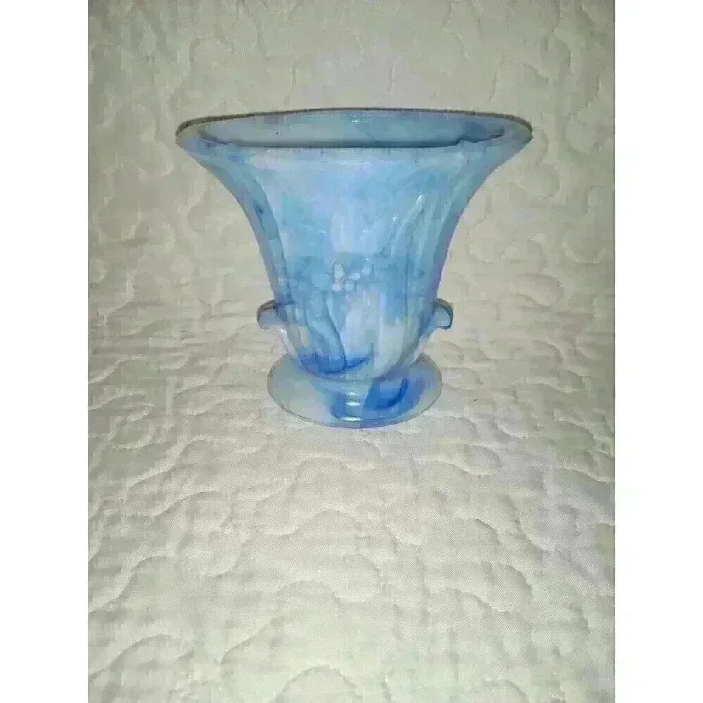 Vintage Akro Agate Mini Flat Pedistal Pot Blue Swirl Slag Marble Made in USA